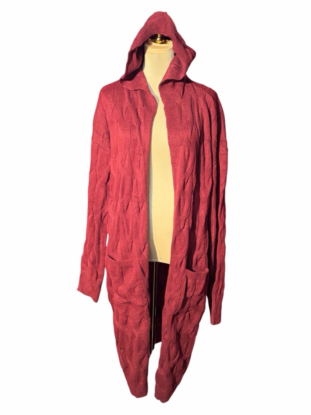 Dusty Rose Hooded Cable Knit Long Cardigan Sweater Size Large